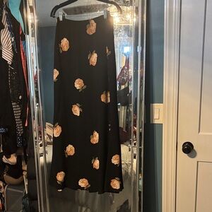 Reformation Black Maxi Skirt with Peach Floral Design
